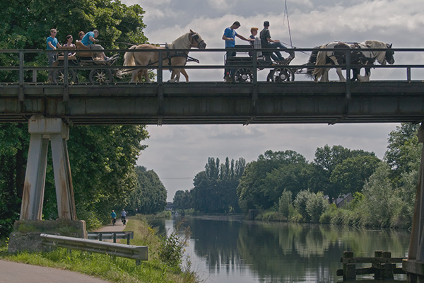 Koets met paarden boven het kanaal in Bree