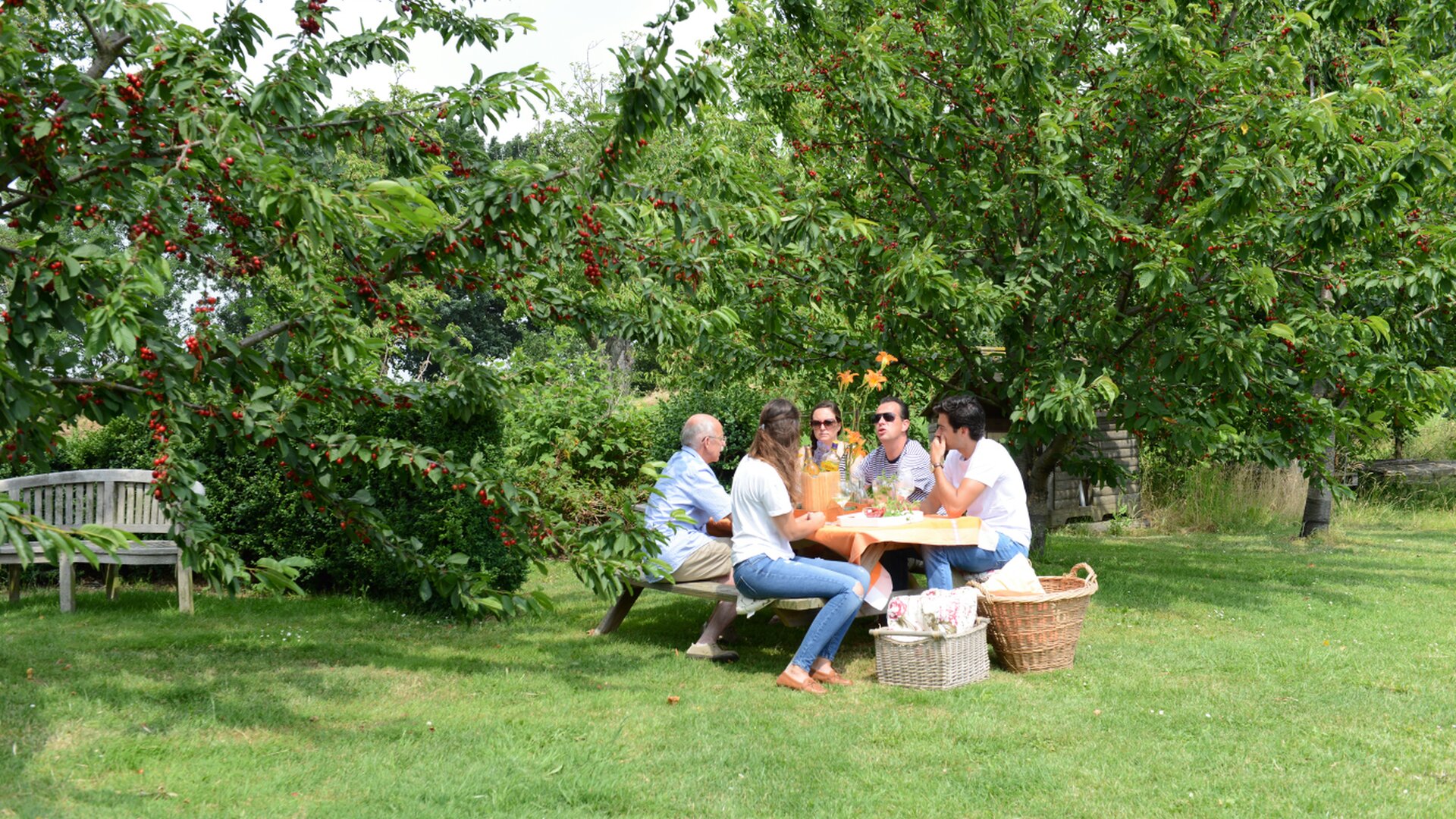 Domein Tombos - verblijf Vruchtbaar Veld - in de tuin met vrienden en familie