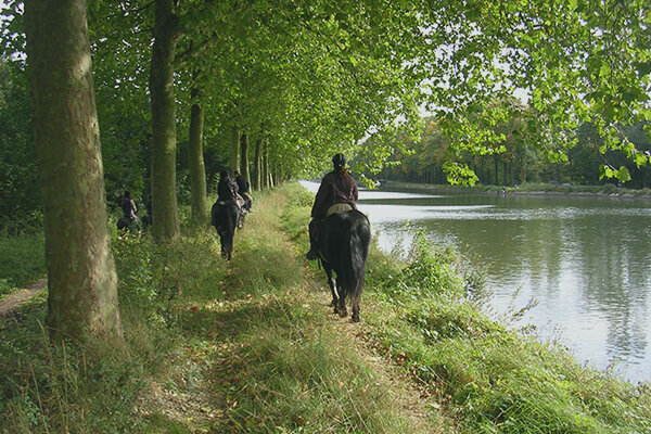 Ruiters te paard langs het kanaal in Bocholt