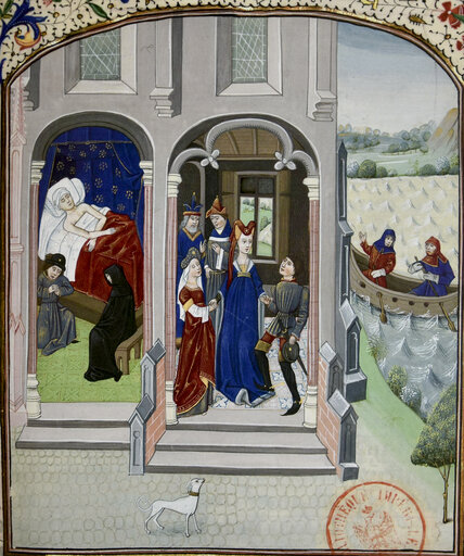 Miniatuur stervende graaf Diederik VII van Holland met echtgenote Adelheid (Bibliothèque Nationale de France)